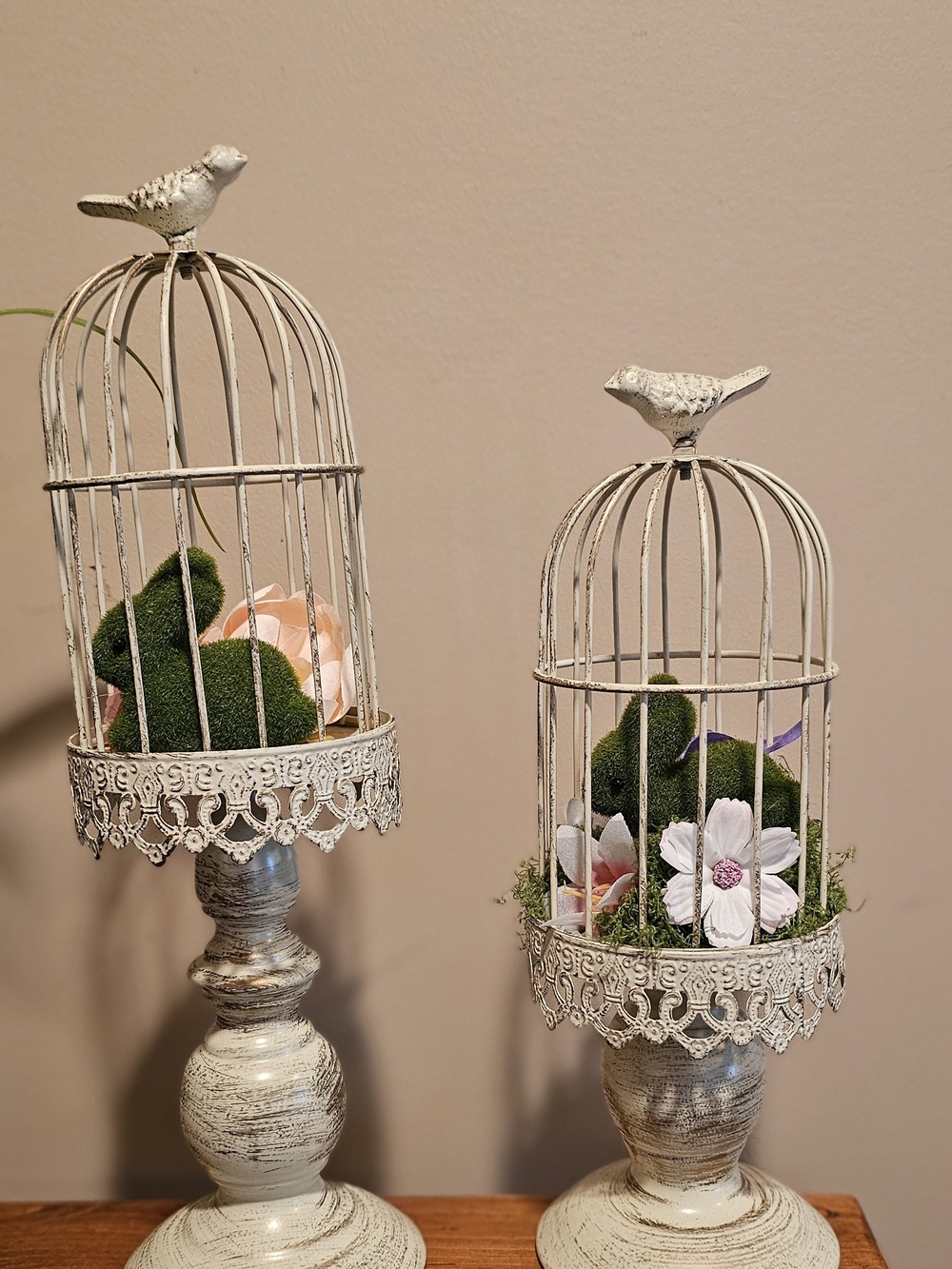 Rustic White Birdcage Decorative Accent with Floral Moss